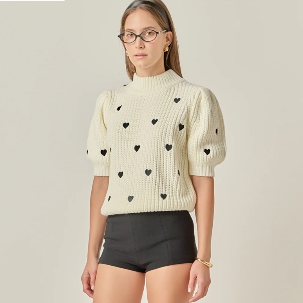 English Factory Heart Embroidered Puff Sleeve Sweater in white with black hearts